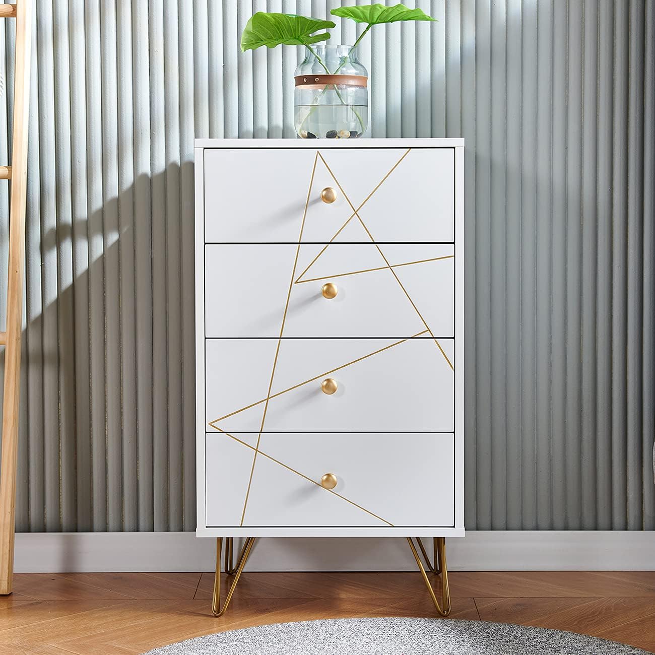 White Wood Chest of Drawer, 4 Drawer Storage Cabinet with Unique Golden Groove Front, Floor Cupboard Sideboard Organizer for Living Room Bedroom Home Furniture, Tall Dresser Chest Tower