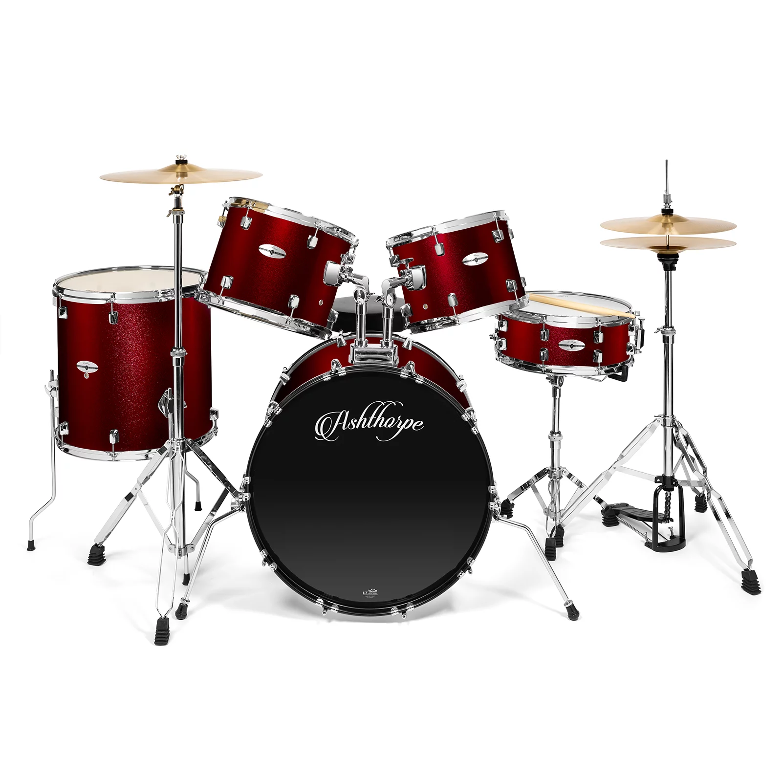 Ashthorpe 5-Piece Full Size Adult Drum Set with Remo Heads and Premium Brass Cymbals Complete Professional Percussion Kit, Chrome Hardware, Red - Curated Treasures Market