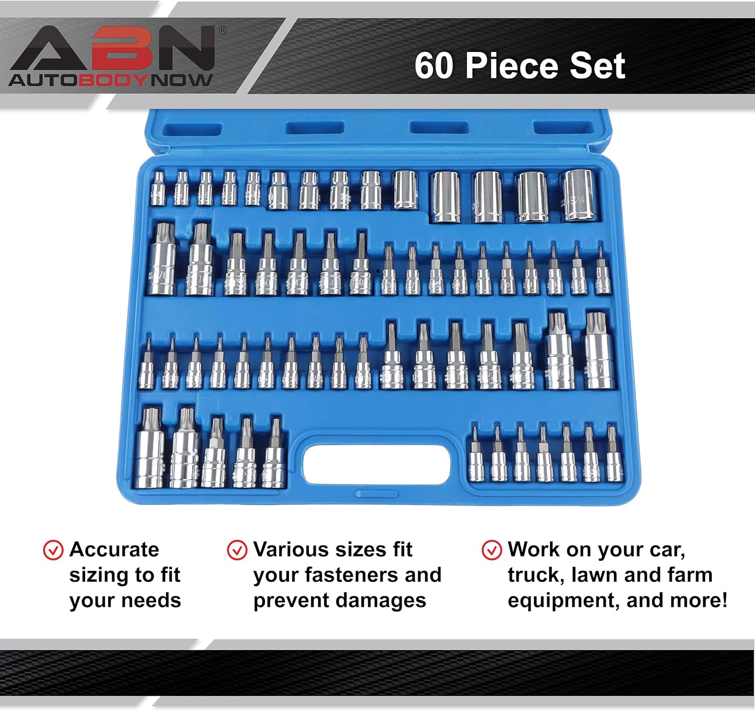 ABN Torx Bit Socket Set - 60 Pc Steel Star Bit Set Tamperproof, Torx Plus, and External Torx Socket Set with Case