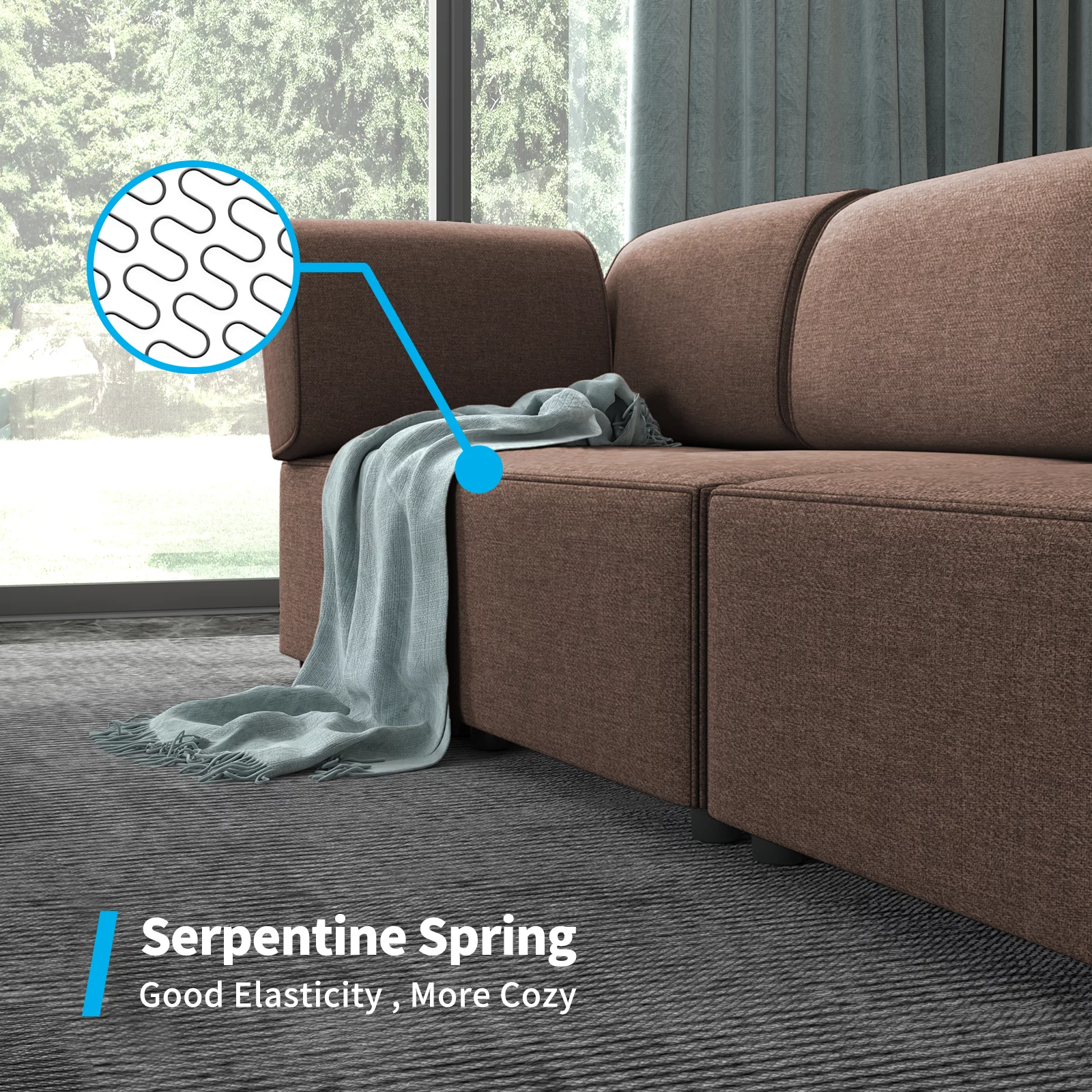 BALUS 120"W Sectional Sofa, Soft Cozy Lounge, Convertible Modular Long Couches, Free Combination U/L Shape, Linen Fabric, Real Wood Frame and Foam Seaters, Pets Friendly, for Apartment, 6PCS Brown