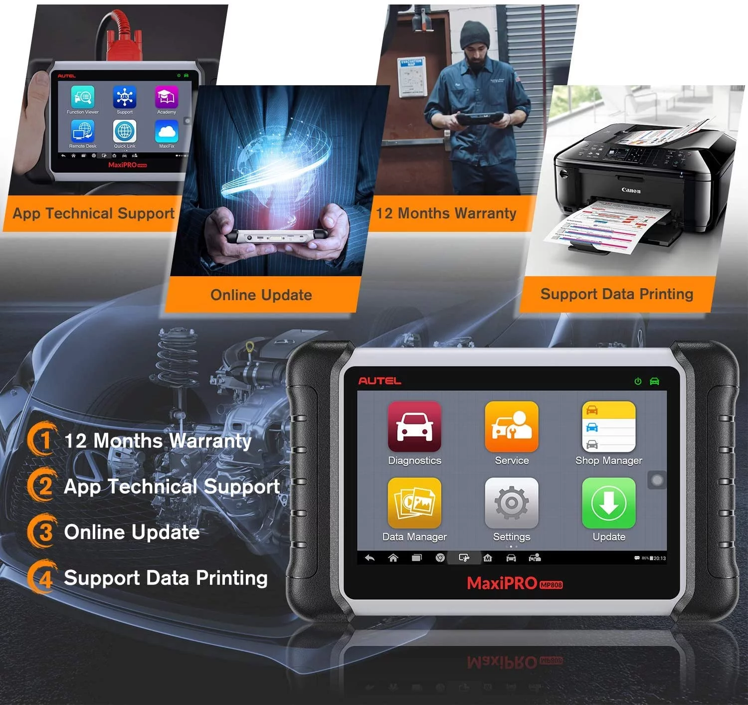 Autel Scanner MaxiPro MP808K Automotive Diagnostic Scan Tool with Bi-Directional Control and Full Set Connector with 2-Year Free Update