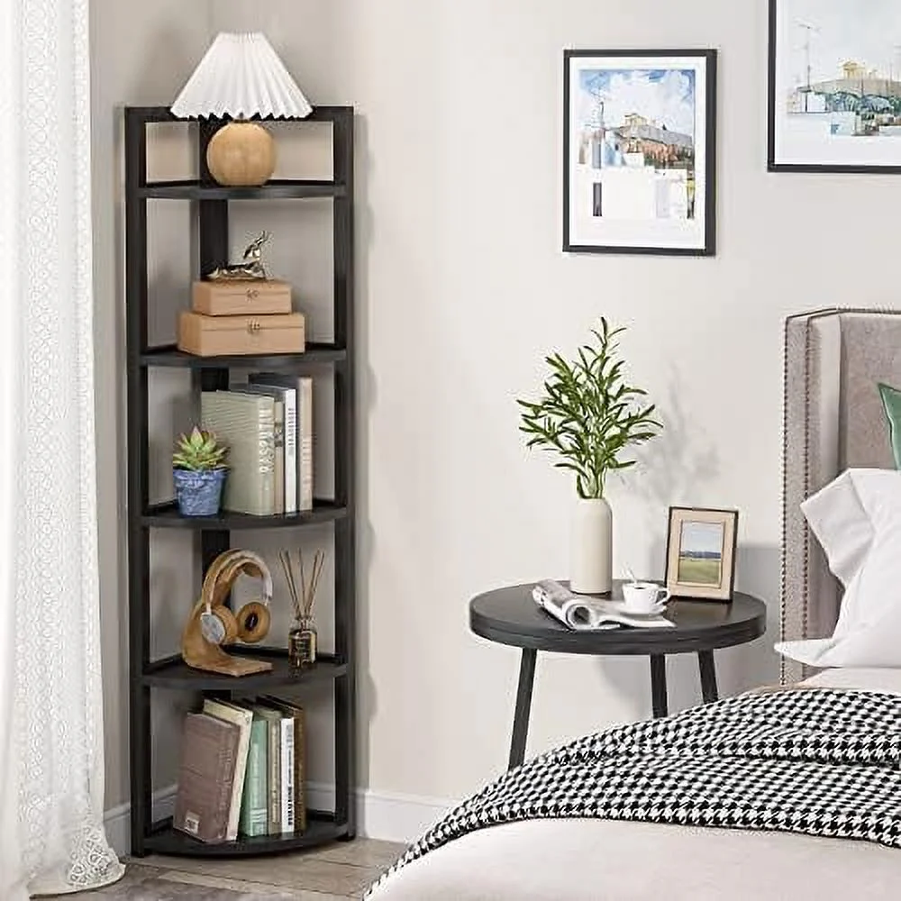 YZboomLife 5 Tier Corner   Rustic Corner Bookshelf Small Bookcase  Rack Plant Stand for Living Room  Home Office  Kitchen  Small Space (Brown)