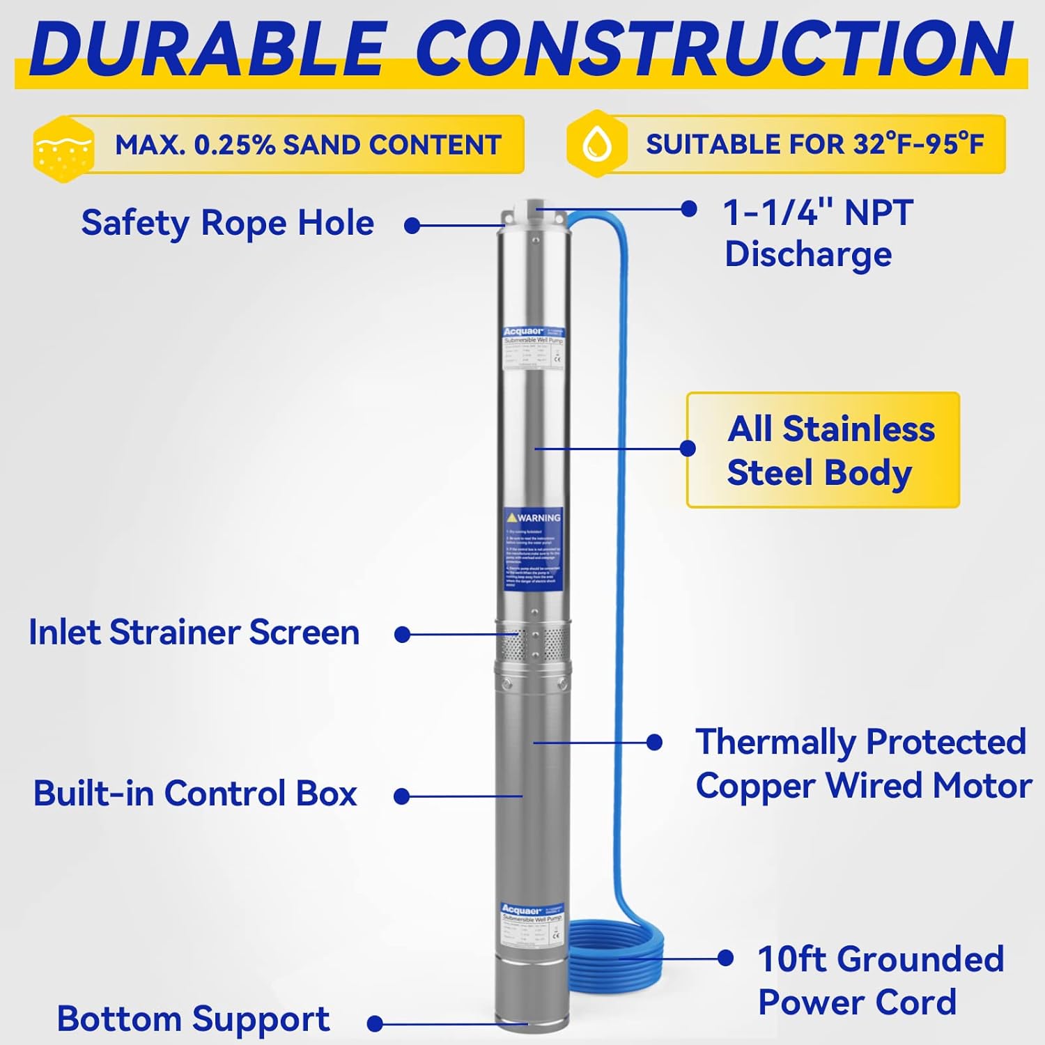 Acquaer 2 HP 220V Deep Well Submersible Pump, 37 GPM, 380' Head, Stainless Steel, 4'' Deep Well Water Pump for Irrigation, Home, Industrial, 10ft Copper Power Cord