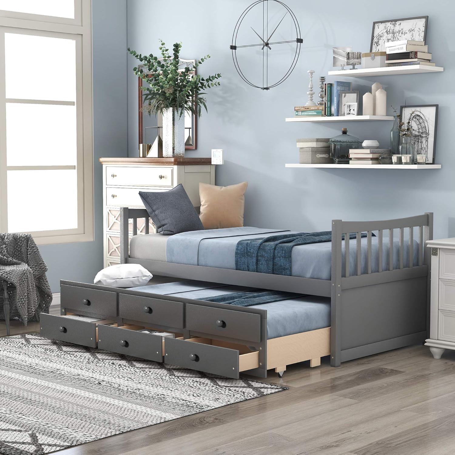 P PURLOVE Twin Size Daybed with Trundle and Storage Drawers Wood Captain Bed Storage Daybed, No Box Spring Needed,Gray