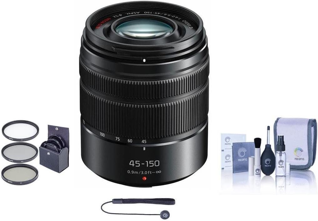 Panasonic Lumix G Vario 45-150mm f/4.0-5.6 ASPH Lens for G Series Cameras, Matte Black - Bundle with Filter Kit, Capleash II, Cleaning Kit