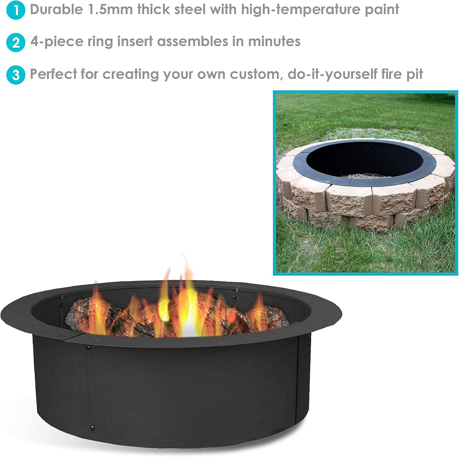 Sunnydaze Fire Pit Ring - 33 Inch Outside x 27 Inch Inside - DIY Campfire Liner - Portable Wood Burning Ring - Above or In-Ground - Durable Steel