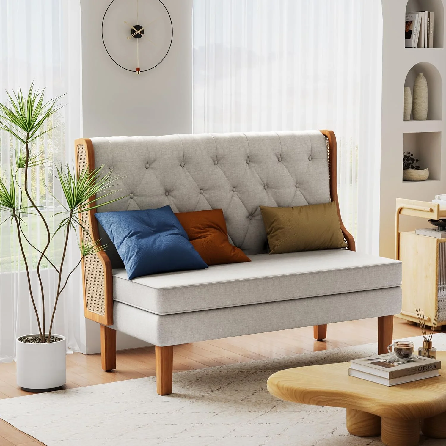 Loveseat Settee Bench with Natural Rattan Arms,Upholstered Modern High-Back Mini Sofa Couch,Banquette Dining Bench for Living Dining Room Bedroom Office Small Space Entryway,Light Grey