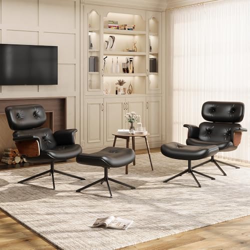 Mid Century Recliner Swivel Chair with Ottoman, Ergonomic Armchair with Comfy Cushion, Walnut Wood Base, PU Leather, Heavy Duty Support for Living Room, Black