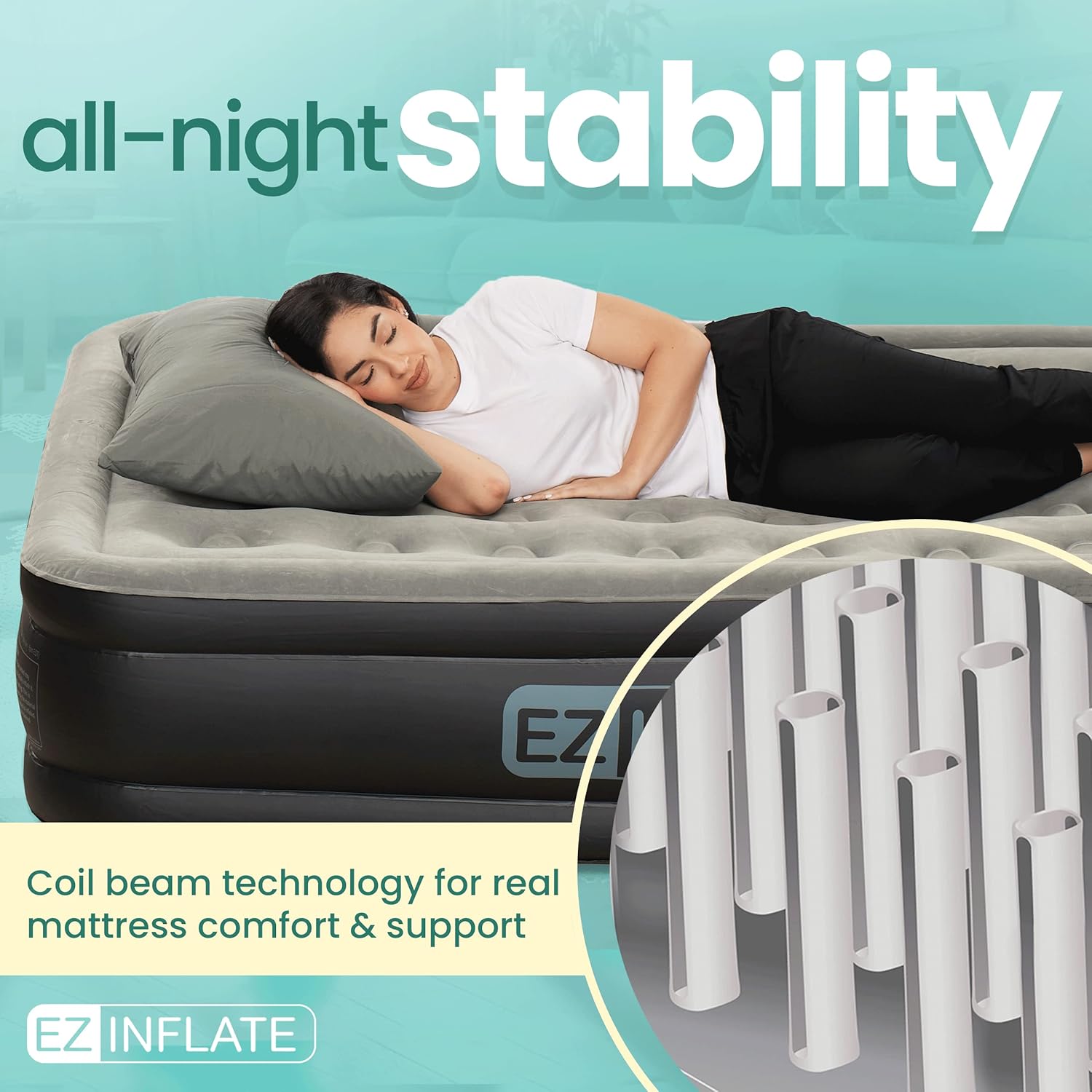 EZ Inflate Air Mattress with Built in Pump - Queen Size Double-High Inflatable Mattress with Flocked Top - Easy Inflate, Waterproof, Portable Blow Up Bed for Camping & Travel