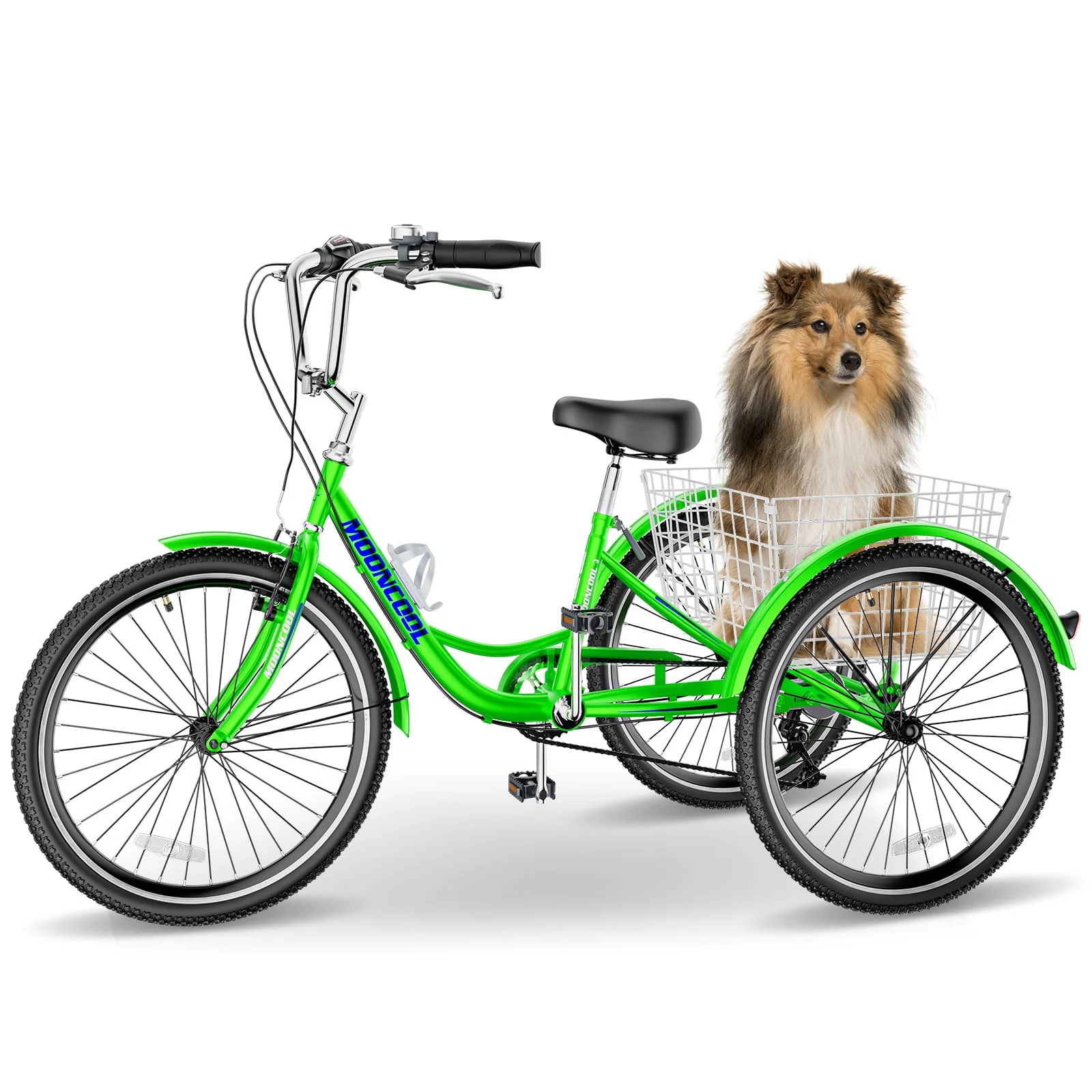 MOPHOTO Adult Tricycle for Seniors,Low Frame Three Wheel Bikes with Large Basket & Bell (Cyan, 26inch /7-Speed), 3 Wheel Cargo Bicycle,Safe and Durable Trike