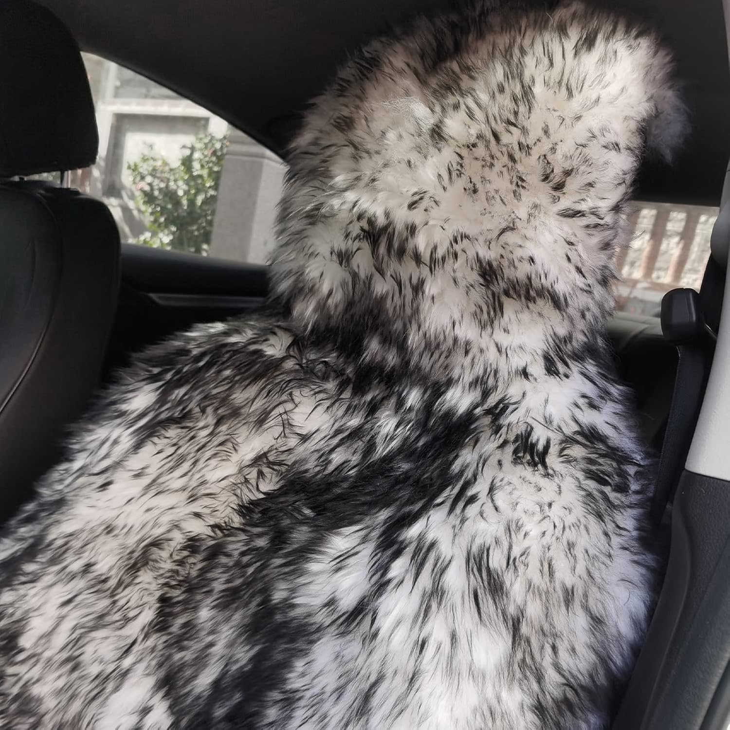 Sheepskin Seat Cover Extra Dense Pelt Genuine Australian Long Fur Sheepskin Car Seat Cushion Natural Pure Wool Automotive Seat Cover, Universal Fits Cars, SUVs, Trucks Minivans, 1pc - White/Black