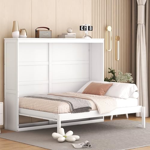 Harper & Bright Designs Queen Size Murphy Bed Wall Bed with Storage Shelves, Wardrobe and LED Lights, Space-Saving for Multipurpose Guest Room or Home Office, Gray
