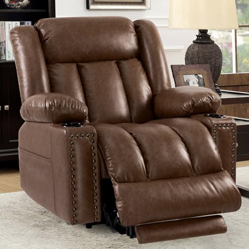 Large Power Lift Chairs Recliners for Elderly with Heated and Massage, Overstuffed Adjustable Lift Chairs, 3 Positions, Breathable Leather, USB-A and USB-C, Cup Holder, Side Pocket Dark Brown