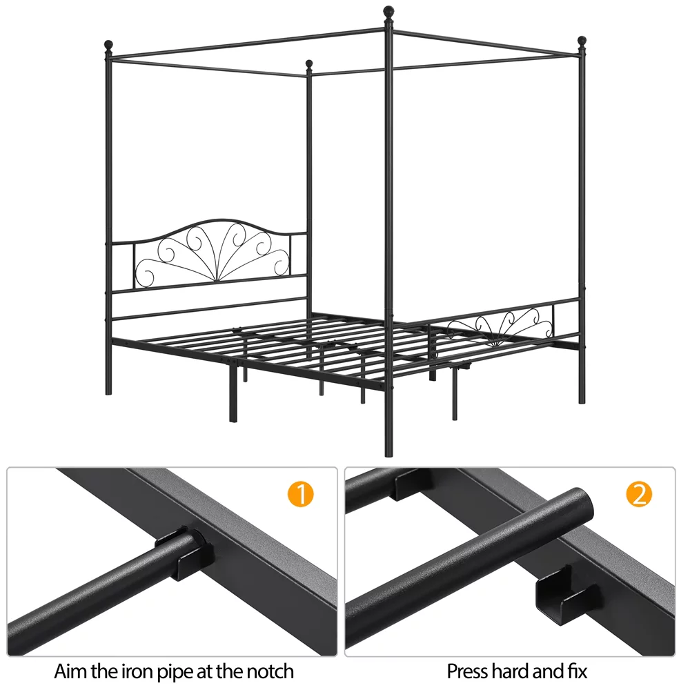 Topeakmart Four-poster Metal Canopy Platform Bed with Arched Headboard and Footboard, Queen Size, Black