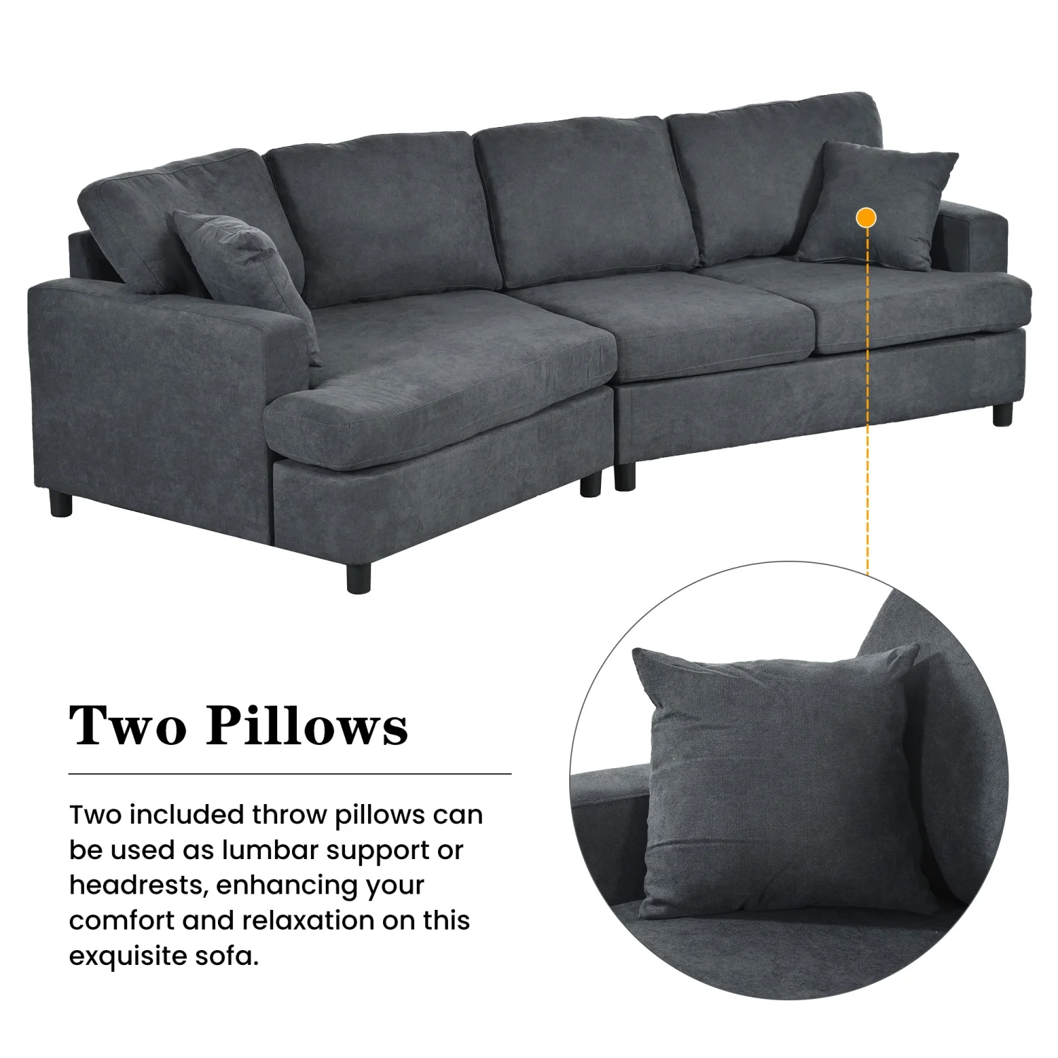 Churanty Modern 3 Seat Sectional Sofa Upholstered Curved Couch with Pillows for Living Room Apartment,Gray