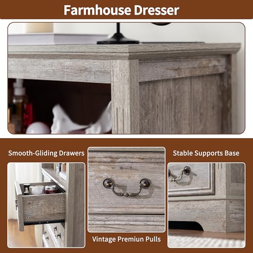 Dresser for Bedroom with Charging Station & LED Light,Tall Dresser & Chests of Drawers with 6 Drawers,Vintage Gray