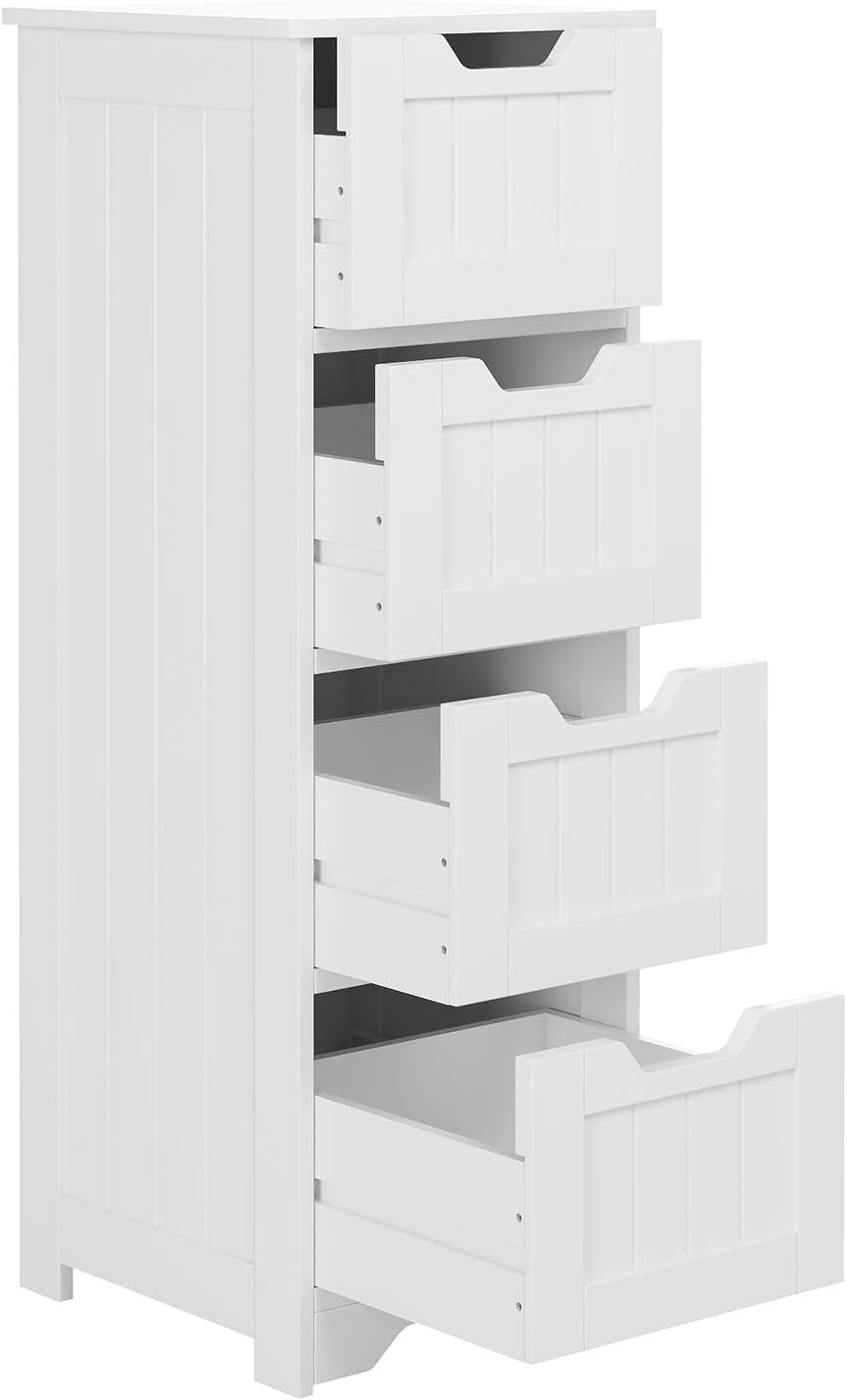 Bathroom Floor Storage Cabinet with 4 Drawers, 11.8 x 11.8 x 32.3 Inch Free Standing Entryway Cupboard Storage Organizer Unit for Home Multipurpose, White