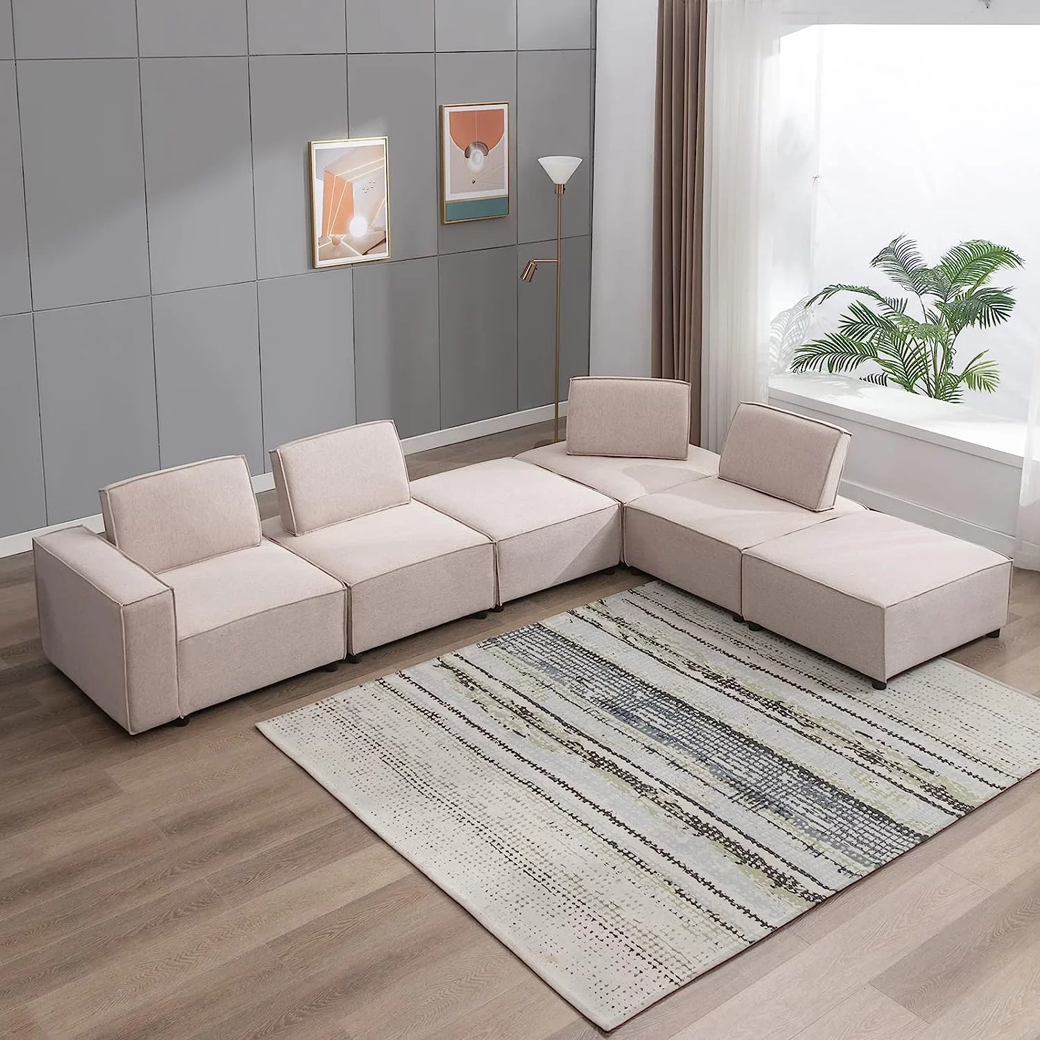ZAFLY L Shaped Modular Sectional Sofa Couch, Armless Floor Sofa Couch with Ajustable Backrest, Convertible 6 Seats Sofa Bed, Oversized Variable Sectional Sofa Couches for Living Room, Beige