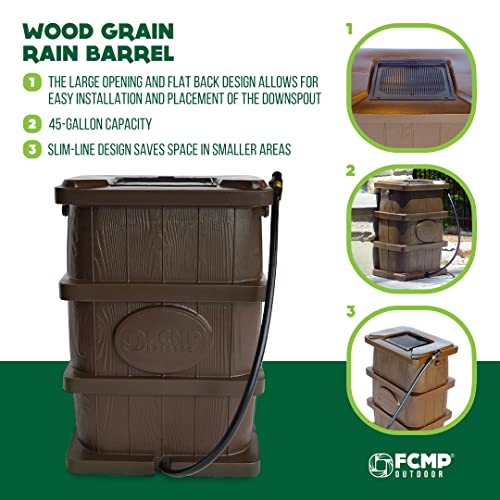 FCMP Outdoor Slim Line 45-Gallon Wood Grain Rain Barrel – Outdoor Home Rain Water Catcher Barrel with Flat Back