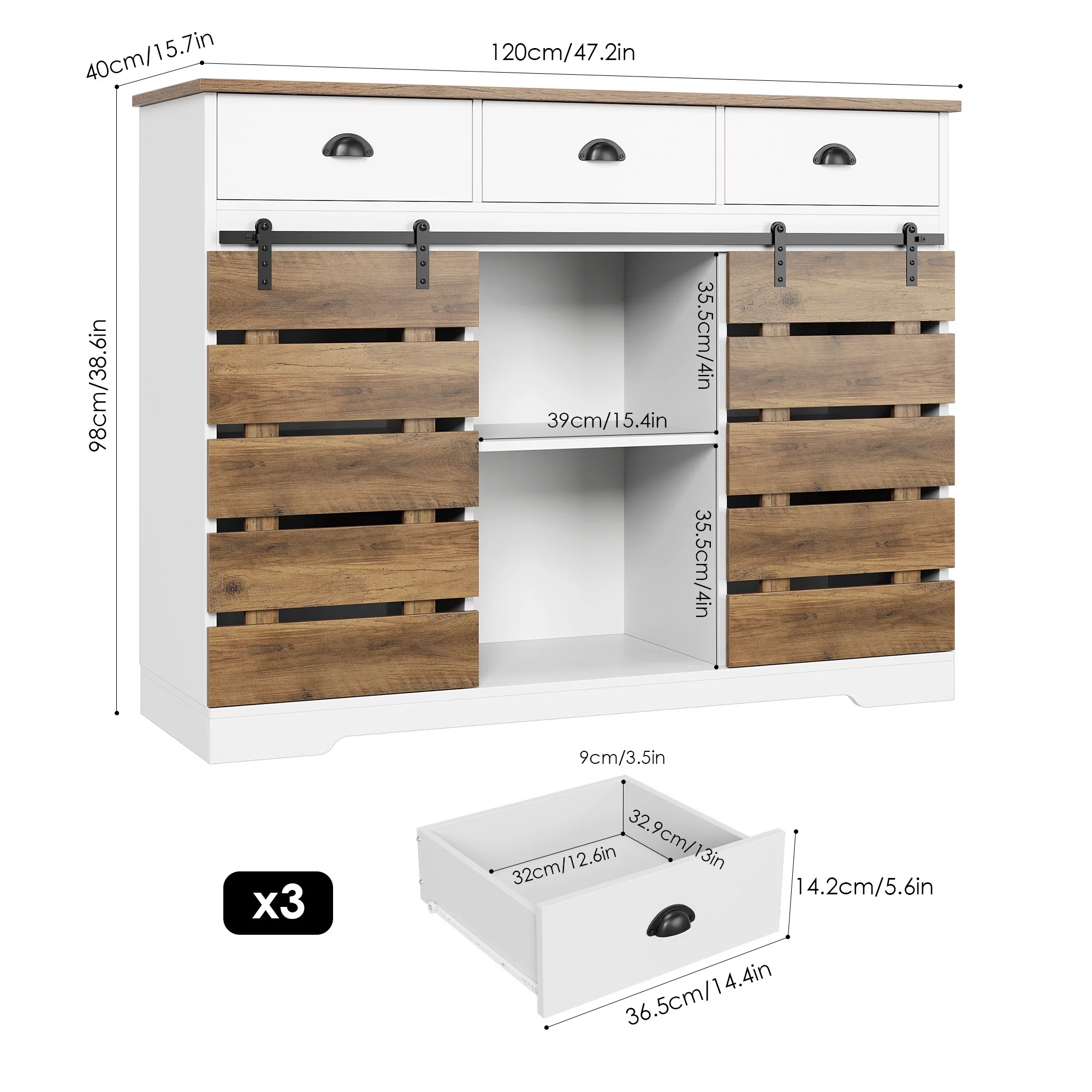 Homfa 47.2‘’ Kitchen Buffet Cabinet, 3 Drawers Farmhouse Coffee Bar Sideboard with 2 Sliding Barn Doors, White