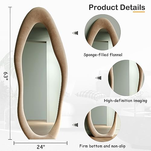 Honyee Full Length Mirror, 63" x 24" Wall Mirror, Flannel Wrapped Wooden Frame Floor Mirror, Irregular Wavy Mirror Hanging or Leaning Against Wall for Cloakroom/Bedroom/Living Room, Milk Tea