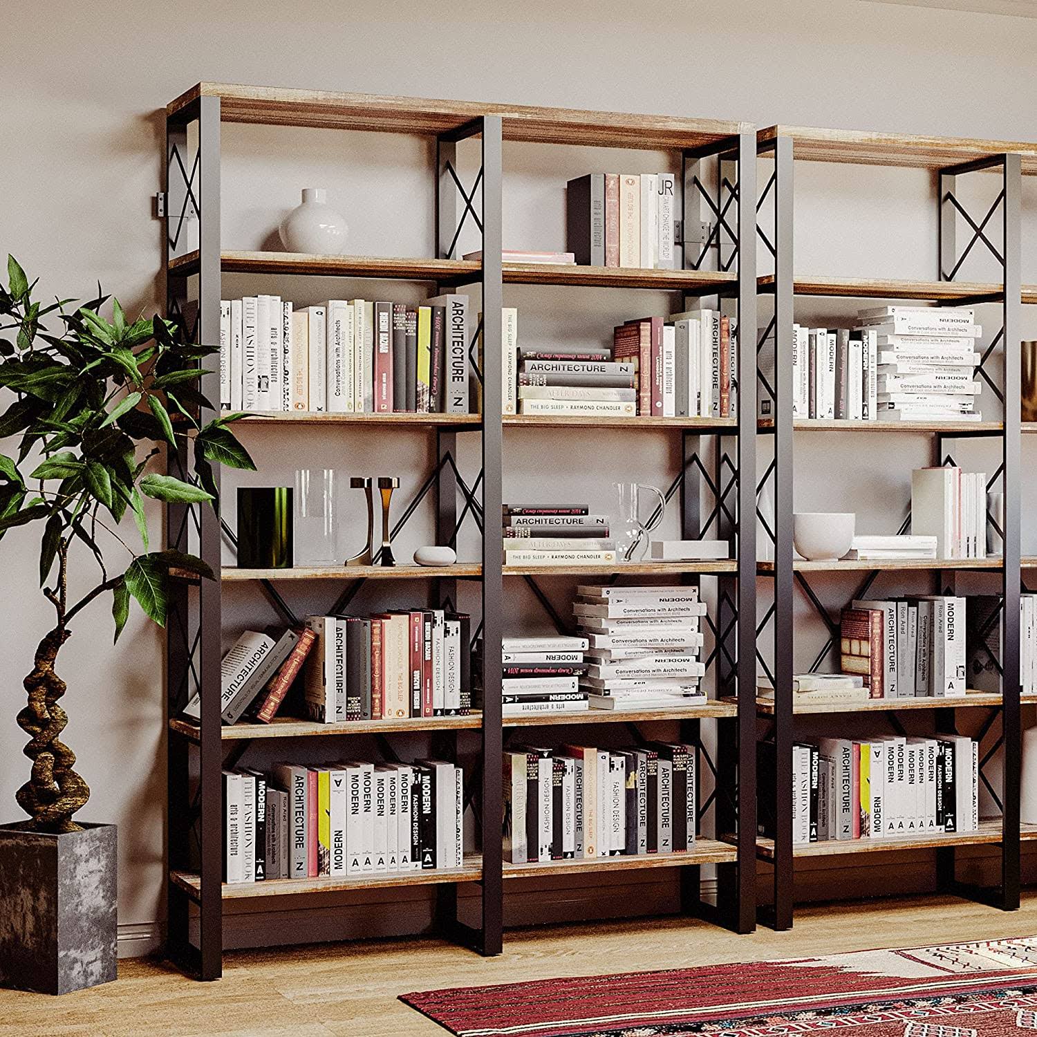 Ironck Industrial Bookshelf Double Wide 6-Tier, Open Large Bookcase, Wood and Metal Bookshelves for Home Office, Easy Assembly