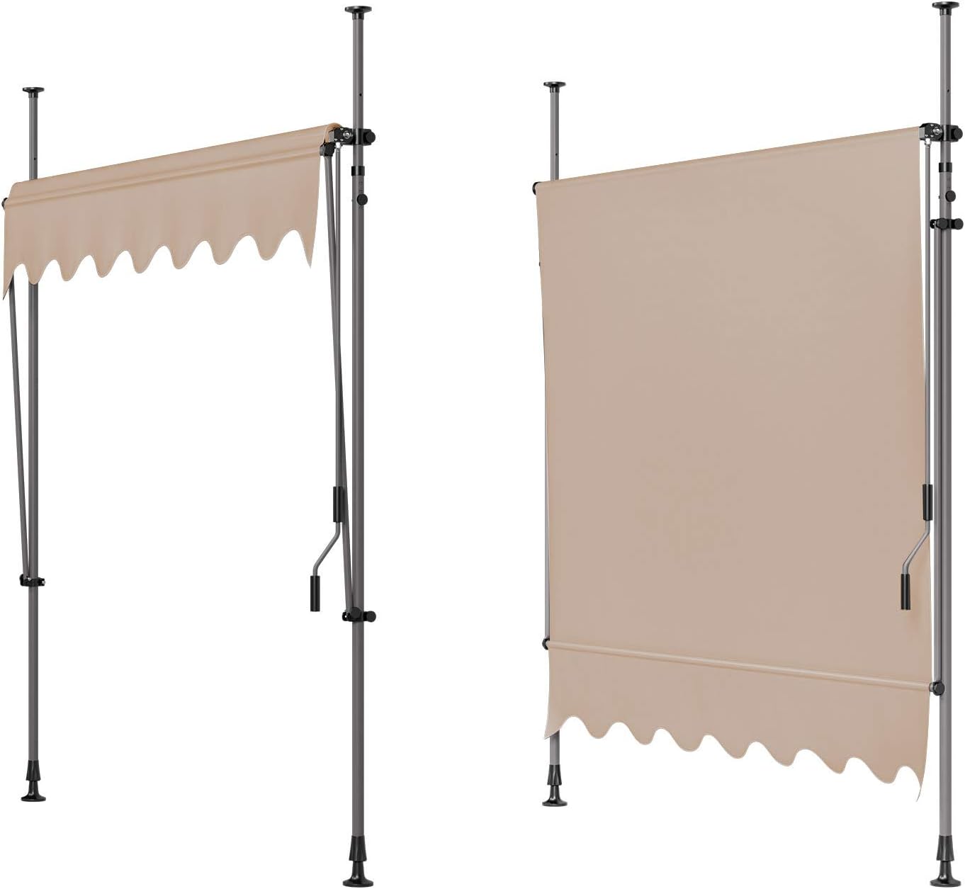 118"×47" Patio Awning, Retractable Awning, Balcony Awning, UV & Water Resistant, Height Adjustable, with Hand Crank, Khaki