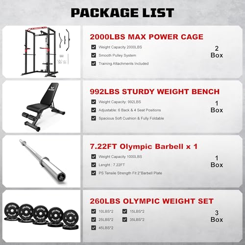 Power Cage, 2000LBS Multi-Function S11 Power Rack with LAT Pulldown, Squat Rack with Adjustable Pulley System and More Training Attachments, Weight Workout Machine for Home Gym