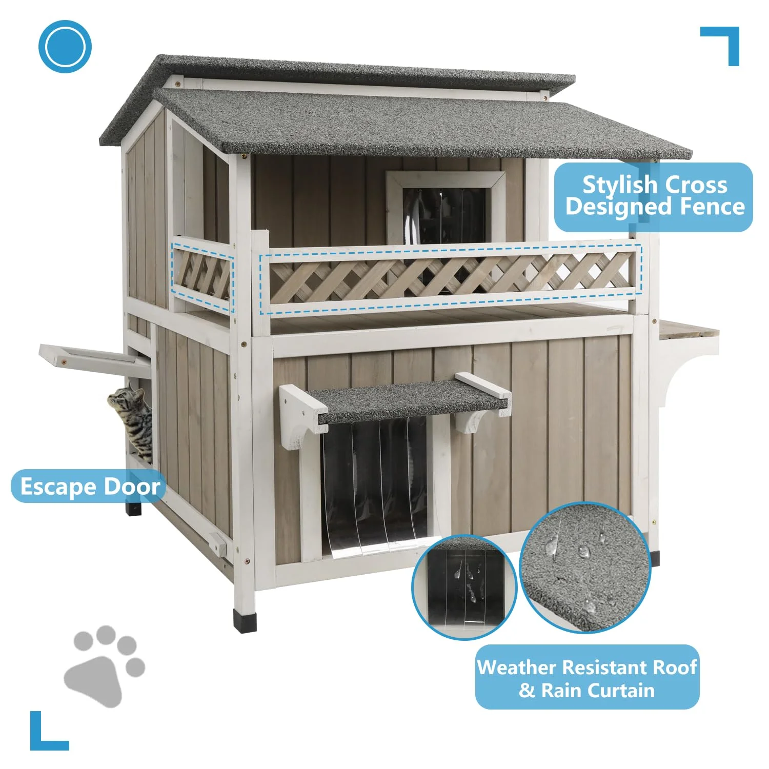 PETSCOSSET Cat House Outdoor 2-Story Wooden Kitty Shelter with Balcony, Gray