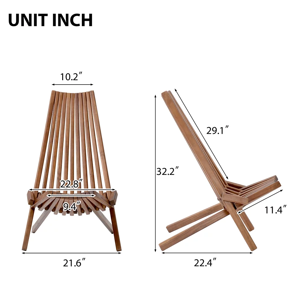 Folding Wooden Outdoor Chair, Stylish Low Profile Acacia Wood Lounge Chair for the Patio, Porch, Lawn, Garden, Assembly Required