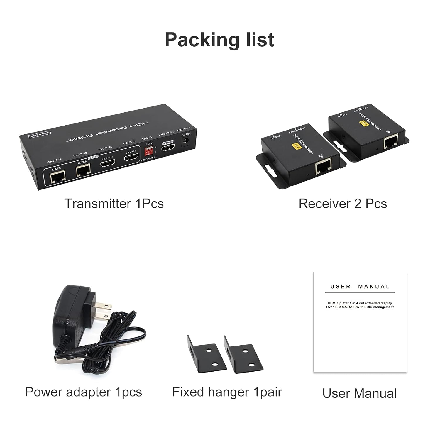 HDMI Extender Splitter Up to 165ft 1 in 2 Out Over Cat5e/6/7 with Two Loop-Out Local Display Repeater Balun Ethernet Sender Transmitter Receiver Support 1080p EDID POC��Only Need TX Power for Work ��