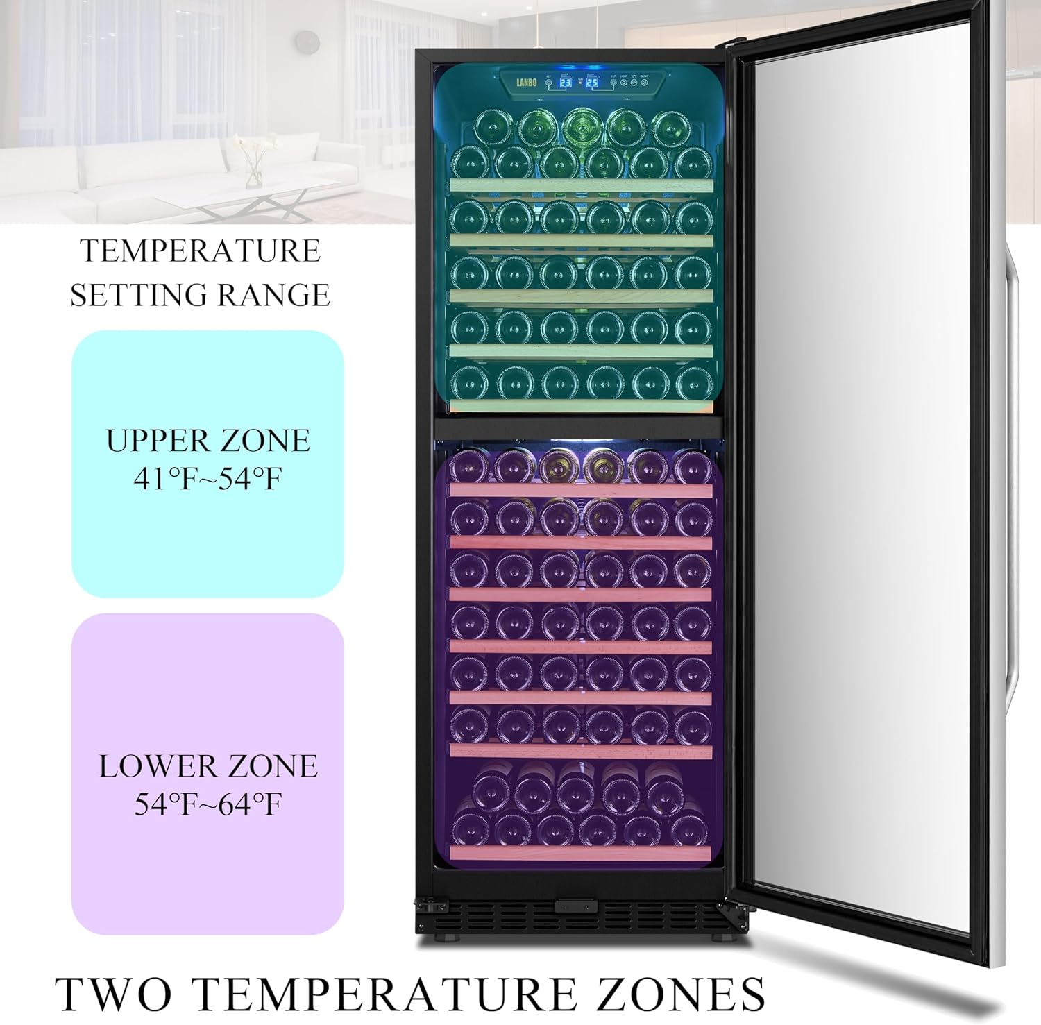 Lanbo Wine Cooler Refrigerator, 24 Inch 141 Bottle Dual Zone Wine Cellar with Safety Lock and Wood Shelves