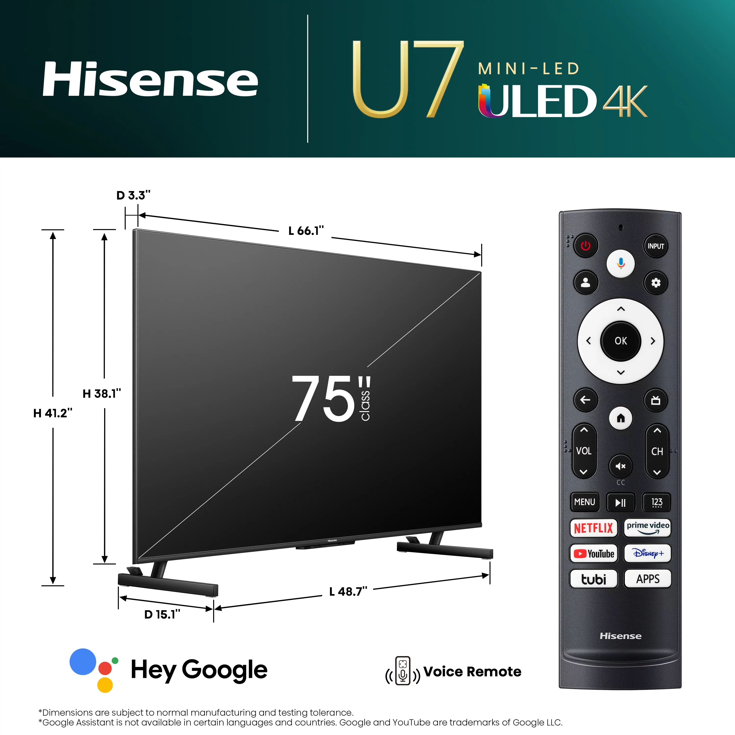 Hisense 75" Class U7 Series Mini-LED ULED 4K UHD Google Smart TV (75U7K) - QLED, Native 144Hz, 1000-Nit, Dolby Vision IQ, Full Array Local Dimming, Game Mode Pro