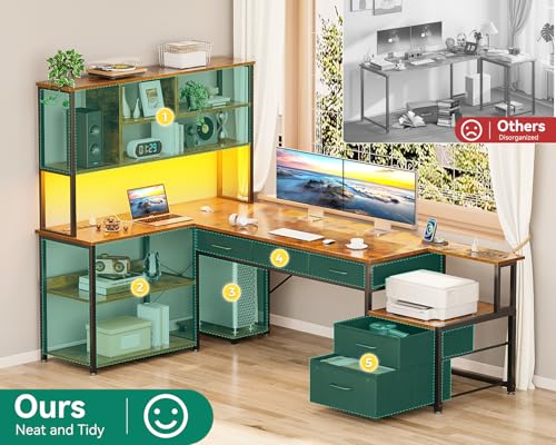 AODK 71 inch L Shaped Desk with File Drawers, Reversible L Shaped Gaming Desk with Power Outlets & LED Lights, Computer Desk with Storage Shelves for Home Office, Black