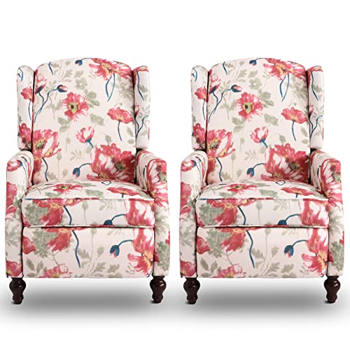 Wingback Recliner Chair with Massage and Heat, Tufted Fabric Pushback Recliner Chair, Wingback Chair with Remote Control, Padded Cushion, Wooden Legs, Small Recliners for Small Spaces