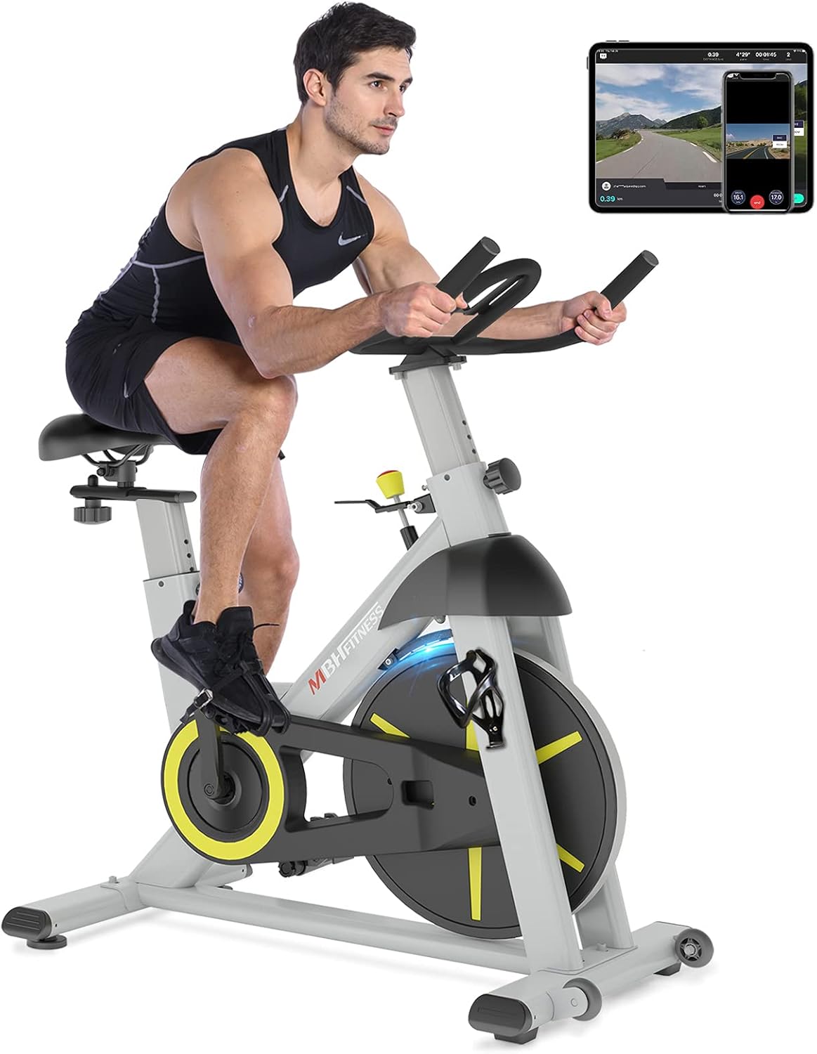 MBH Fitness Magnetic Exercise Bike Stationary, Indoor Cycling Bike for Home Gym Use, Fitness App, 330Lbs Weight Capacity, Tablet Holder, Bottle Holder, Quiet Cardio Workout Equipment