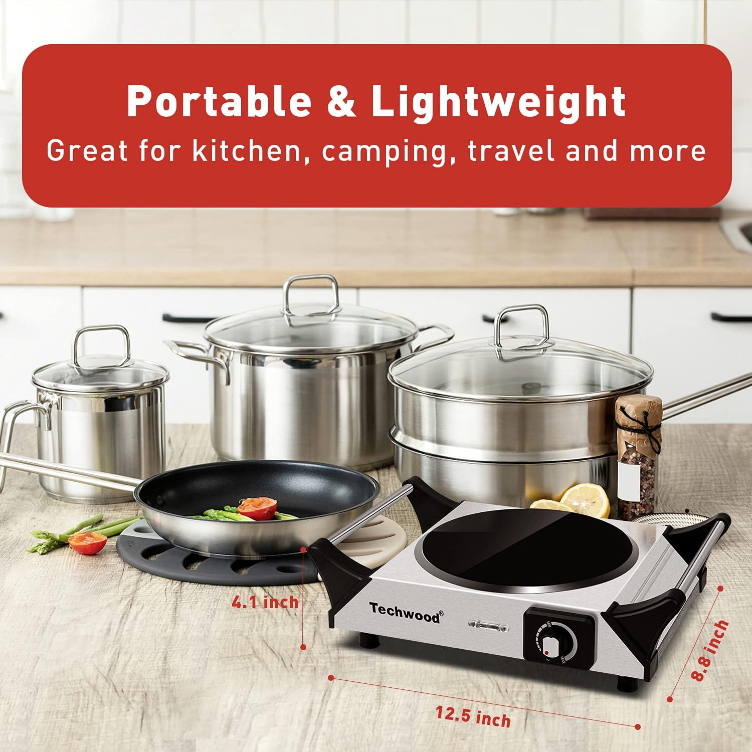 Hot Plate, Techwood Portable Electric Stove for cooking, 1200W Countertop Infrared Single Burner with Handles & 7.5&rdquo; Glass Cooktop for RV/Home/Camp, Compatible for All Cookwares Upgraded Version
