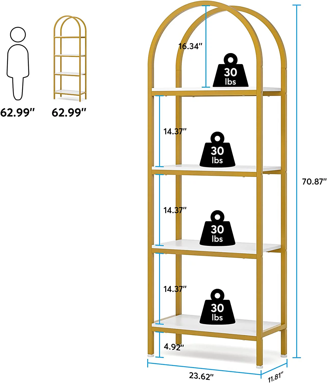 4-Tier Open Bookshelf, 70.8" Industrial Arched Bookcase Storage Shelves with Metal Frame, for Office, Bedroom, Living Room