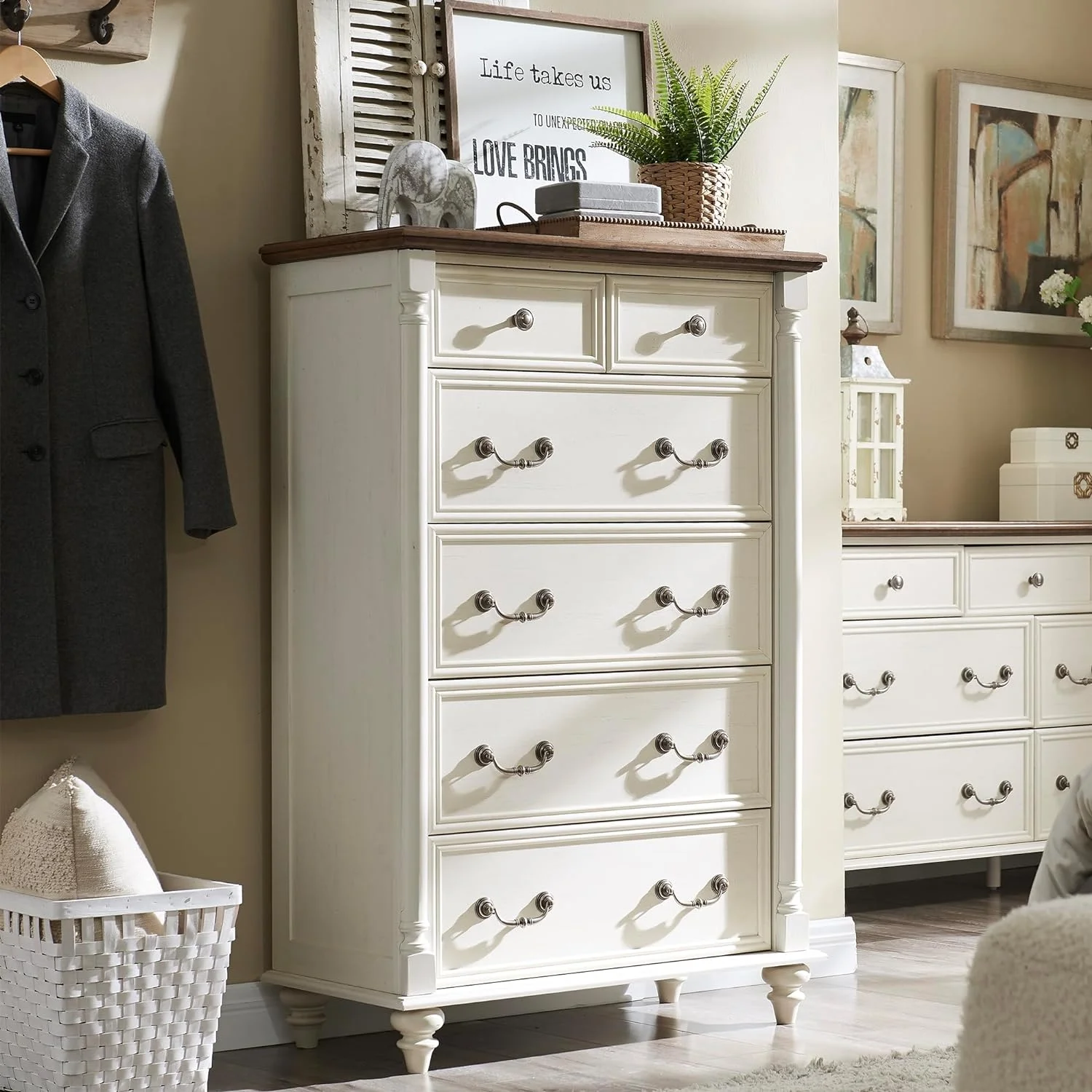 OKD Farmhouse Dresser Chests of 6 Drawers for Bedroom,Dresser Storage Organizer for Living Room, Antique White