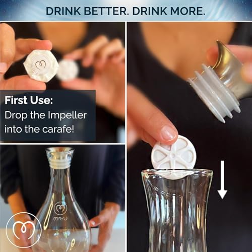 MAYU Swirl Structured Water Pitcher - Innovative Vortex Technology - Handblown. Reverse Osmosis Filter Complementary. Aerating Dispenser Stand 1.5 Liter | 51Oz Design Dining Glass Jug (Graystone Base)