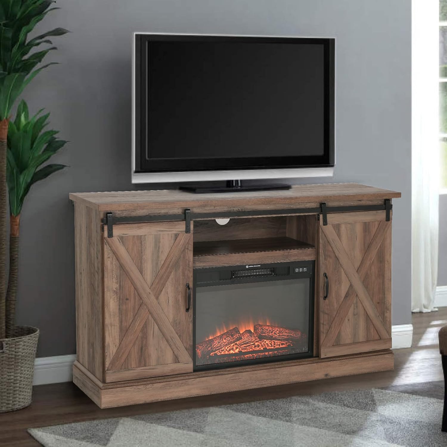 Sophia & William Farmhouse Electric Fireplace TV Stand for TV's Up to 65, Accent Decorative Barn Door Storage Cabinet Chest with 23 Insert Fireplace for Living Room Bedroom Home Office, Burlywood