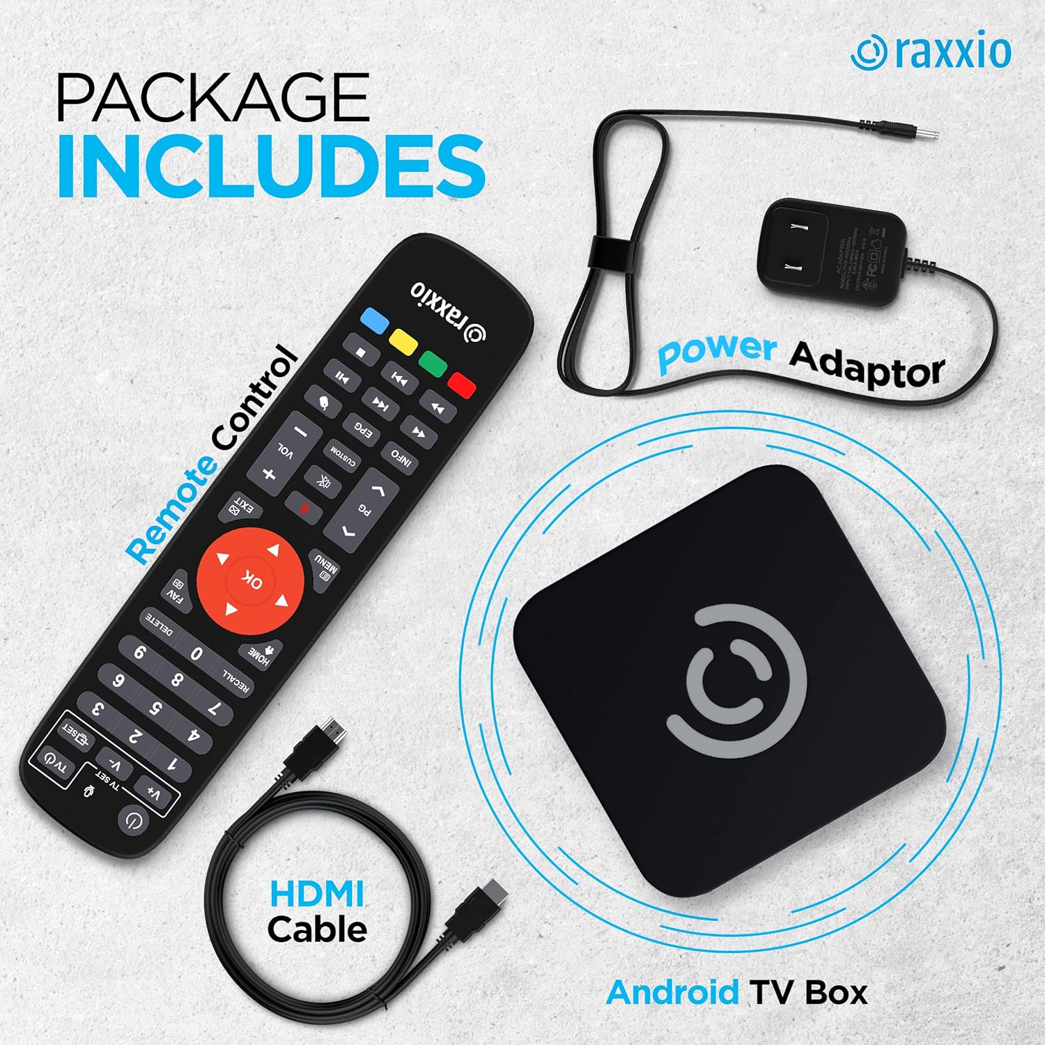 Raxxio Android TV Box - RAX2100 Android 9.0, Ultra HD 4K 75fps, 4GB RAM, 64 GB ROM, WiFi 2.5G + 5G, USB 3.0, and Bluetooth 4.1 Enabled Smart Android Box with HDMI Cable and Bluetooth Remote Control