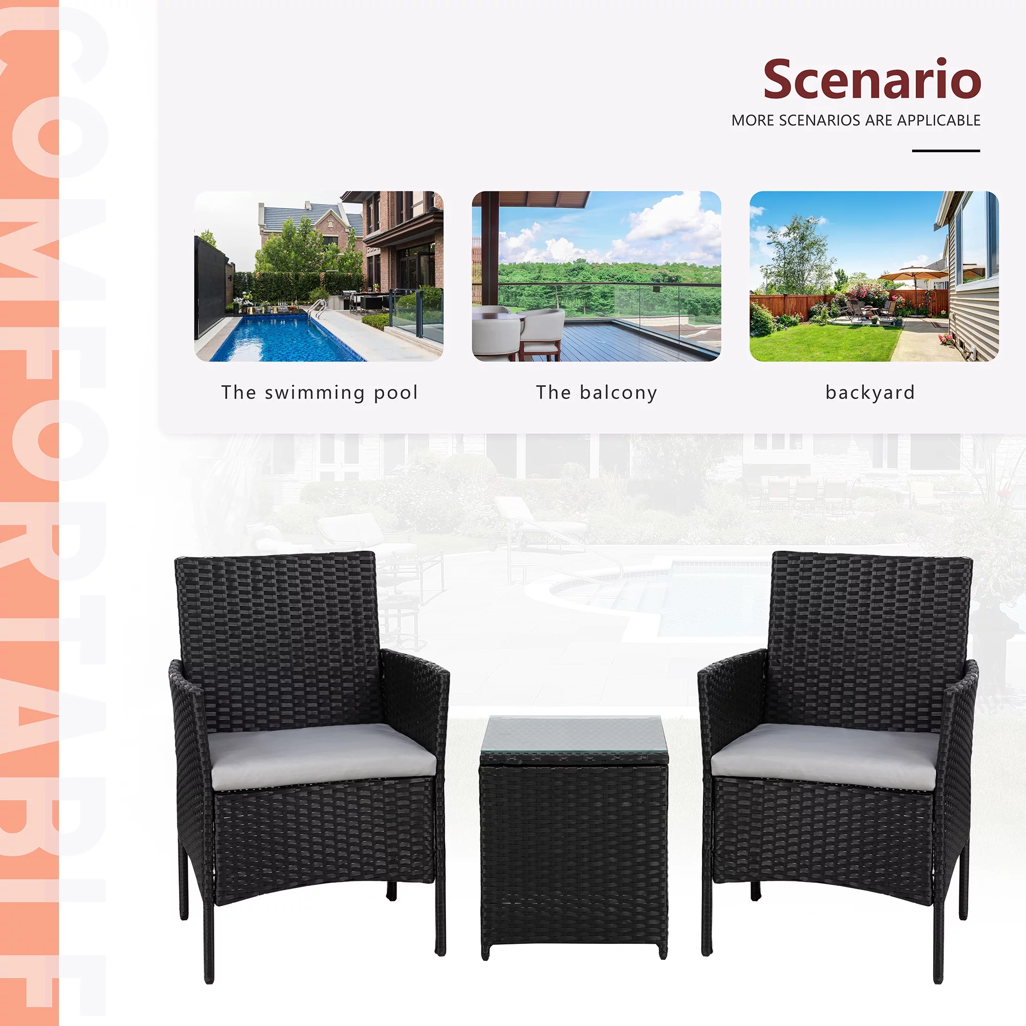 Walsunny 3 Pieces Patio Furniture Set Outdoor Wicker Conversation Bistro Set Outdoor Patio Chairs with Tempered Glass Table Beige