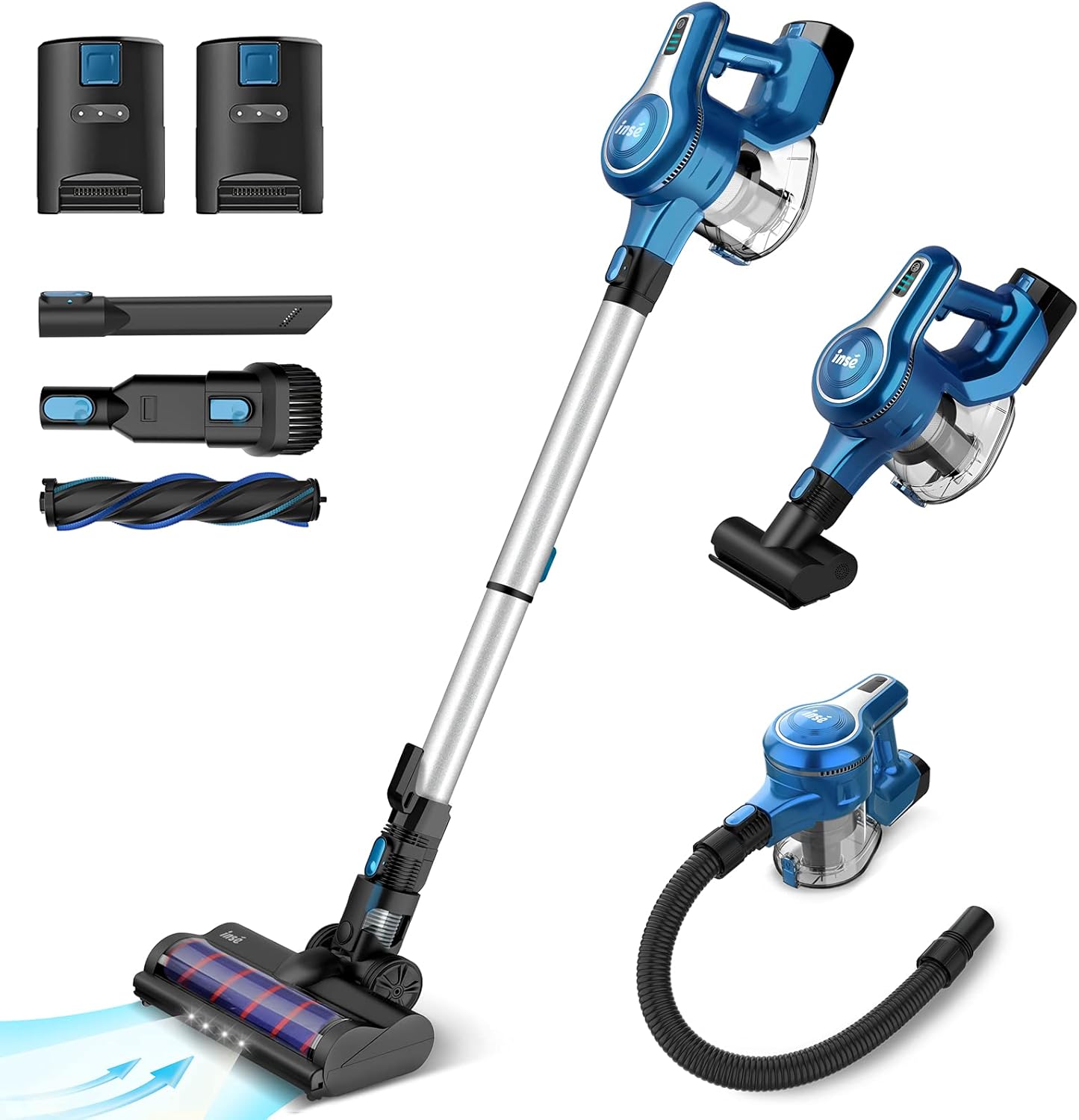 INSE S6P Cordless Vacuum Cleaner with 2 Batteries, Up to 80min Run-time Rechargeable Stick Vacuum, Lightweight Powerful Suction Handheld Vac for Hardwood Floor Carpet Pet Hair Car Bed, Black
