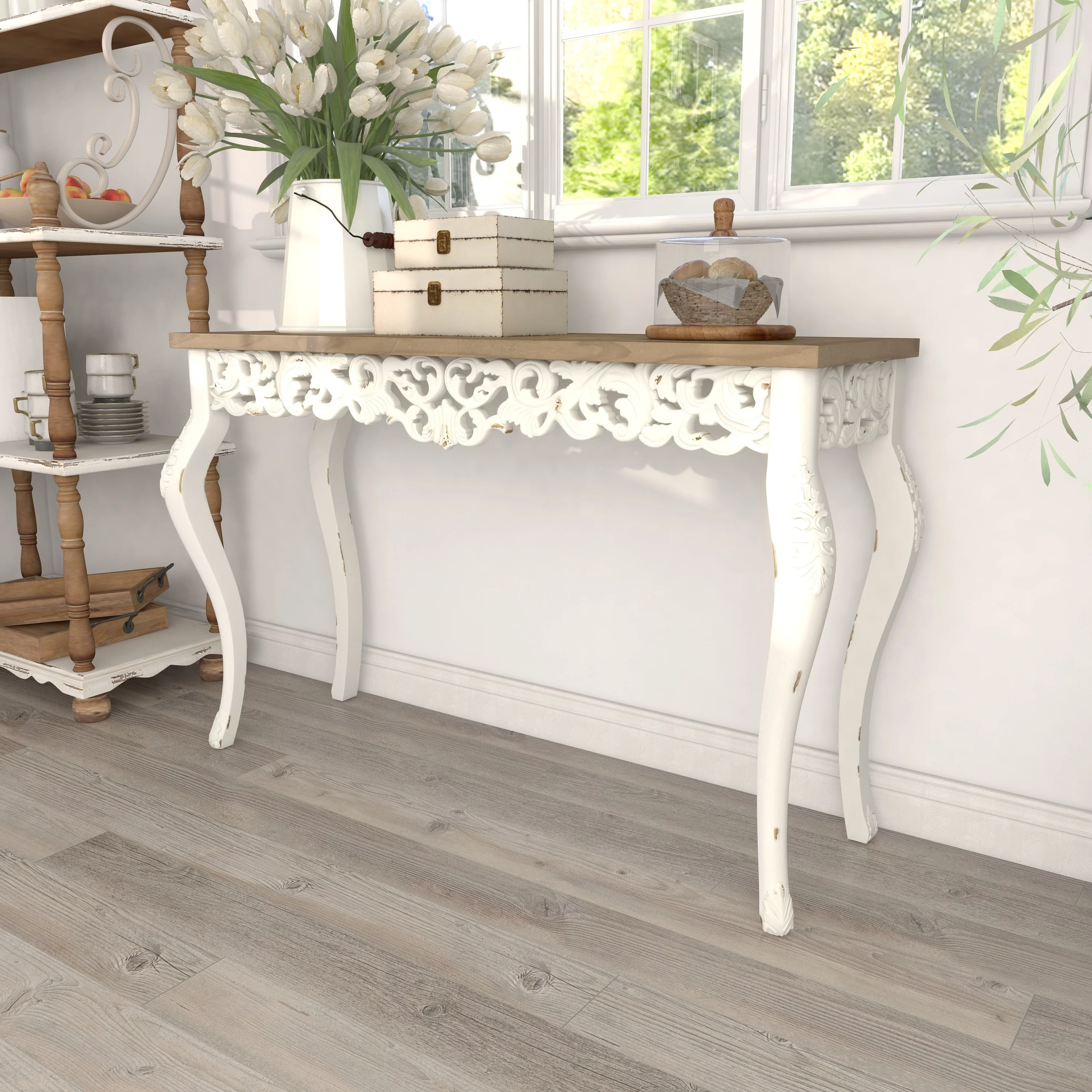 DecMode 46" x 30" White Wood Intricately Carved Floral Console Table with Brown Wood Top, 1-Piece