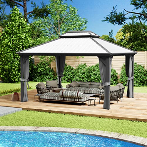 Kozyard Caesar 10'x10' Hardtop Gazebo - Permanent Metal Pavilion with Netting and Shaded Curtains for Patio, Backyard, and Deck - Galvanized Steel Outdoor Aluminum Canopy, Double Roof Gazebo (Grey)