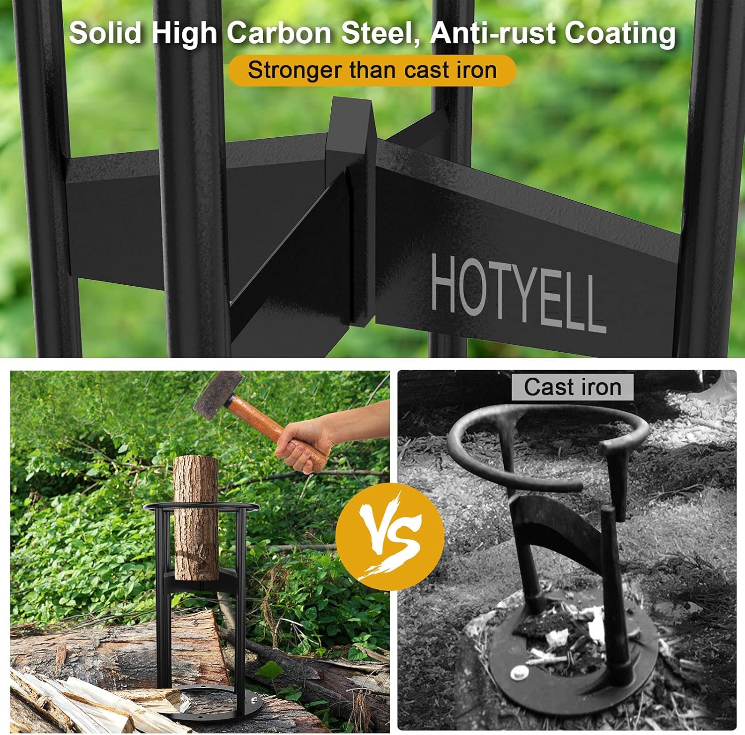 HOTYELL Firewood Splitter, High Carbon Steel Wood Splitter with Fixed Awl, Manual Log Splitting Wedge Tool, 4 Parts at One Time, Canvas Firewood Carrier Included