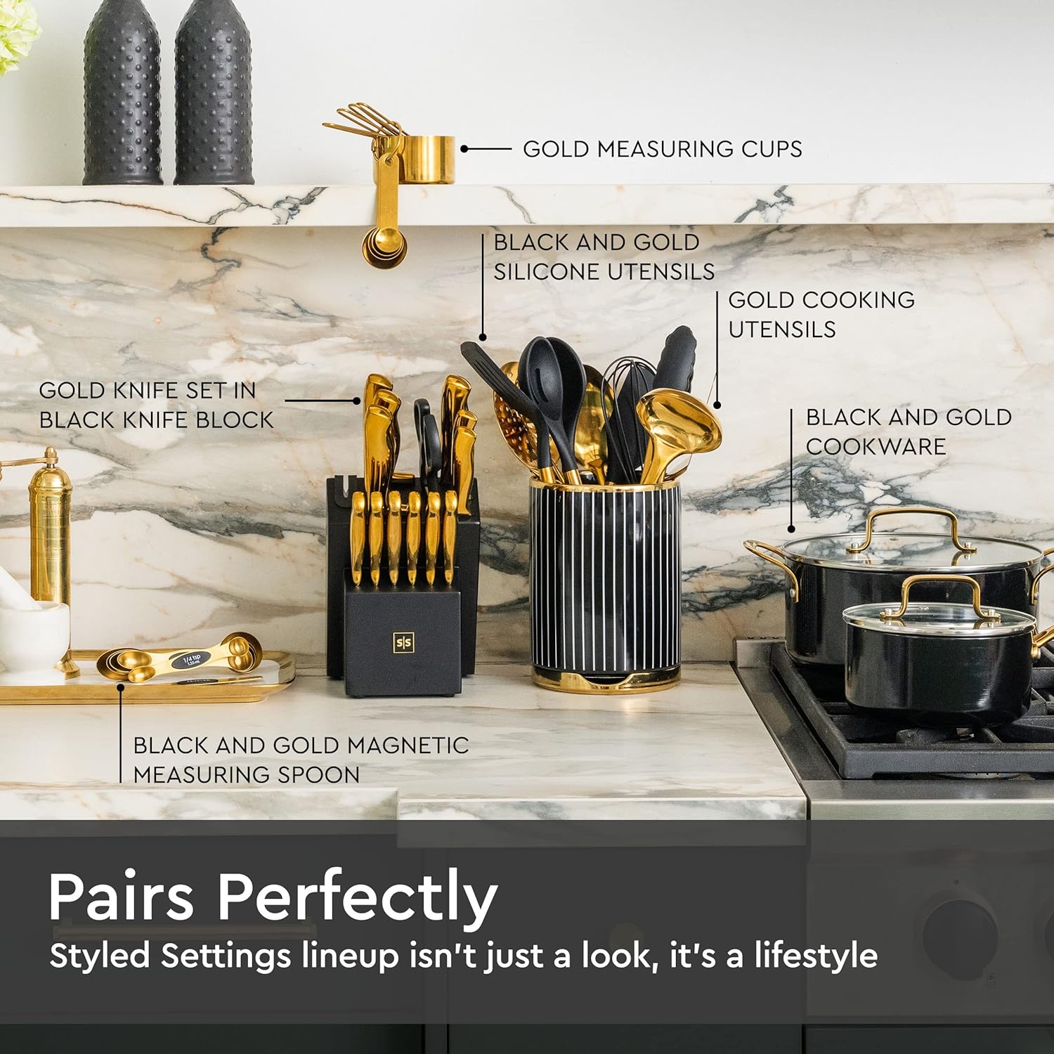 Black and Gold Knife Set with Block Self Sharpening, Black Utensil Holder with Built-In Ceramic Spoon Rest and Gold Cooking Utensils Set-21 Piece Luxe Black and Gold Kitchen Accessories