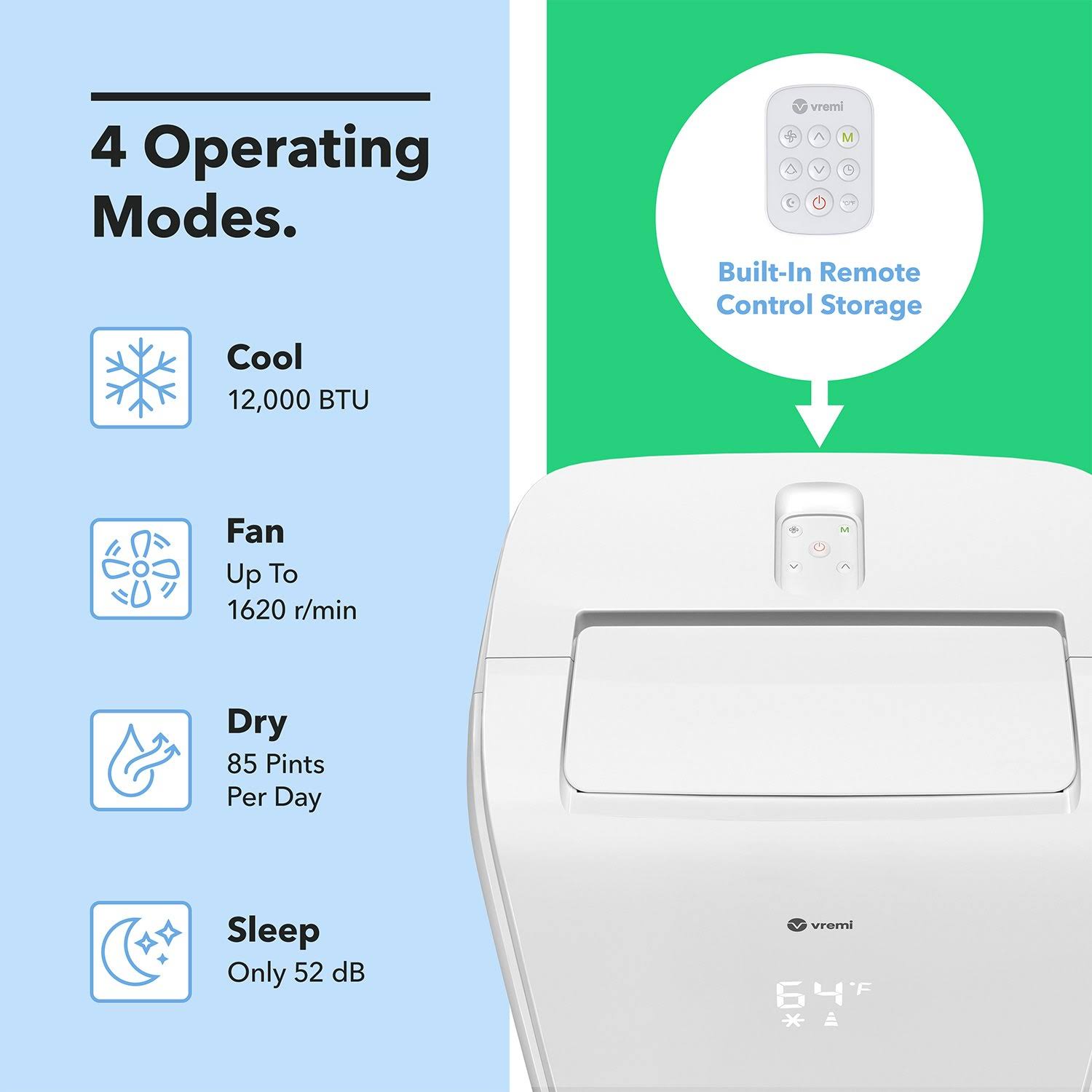 Vremi 12,000 BTU Portable Air Conditioner - Conveniently Cools Rooms 350 to 500 Square Feet - LED Display, Auto Shut-Off, Remote