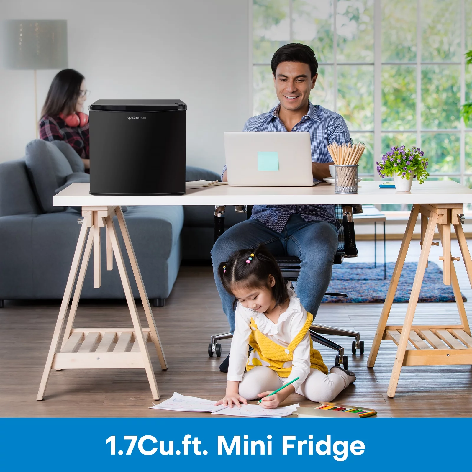 Upstreman 1.7 Cu.ft Mini Fridge with Freezer, Single Door Compact Refrigerator-Black